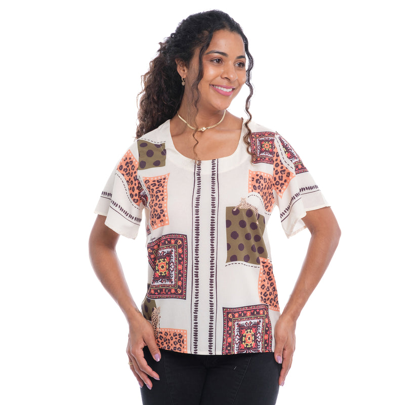 Blusa Estampada Feminina Manga Curta Branca Artessence